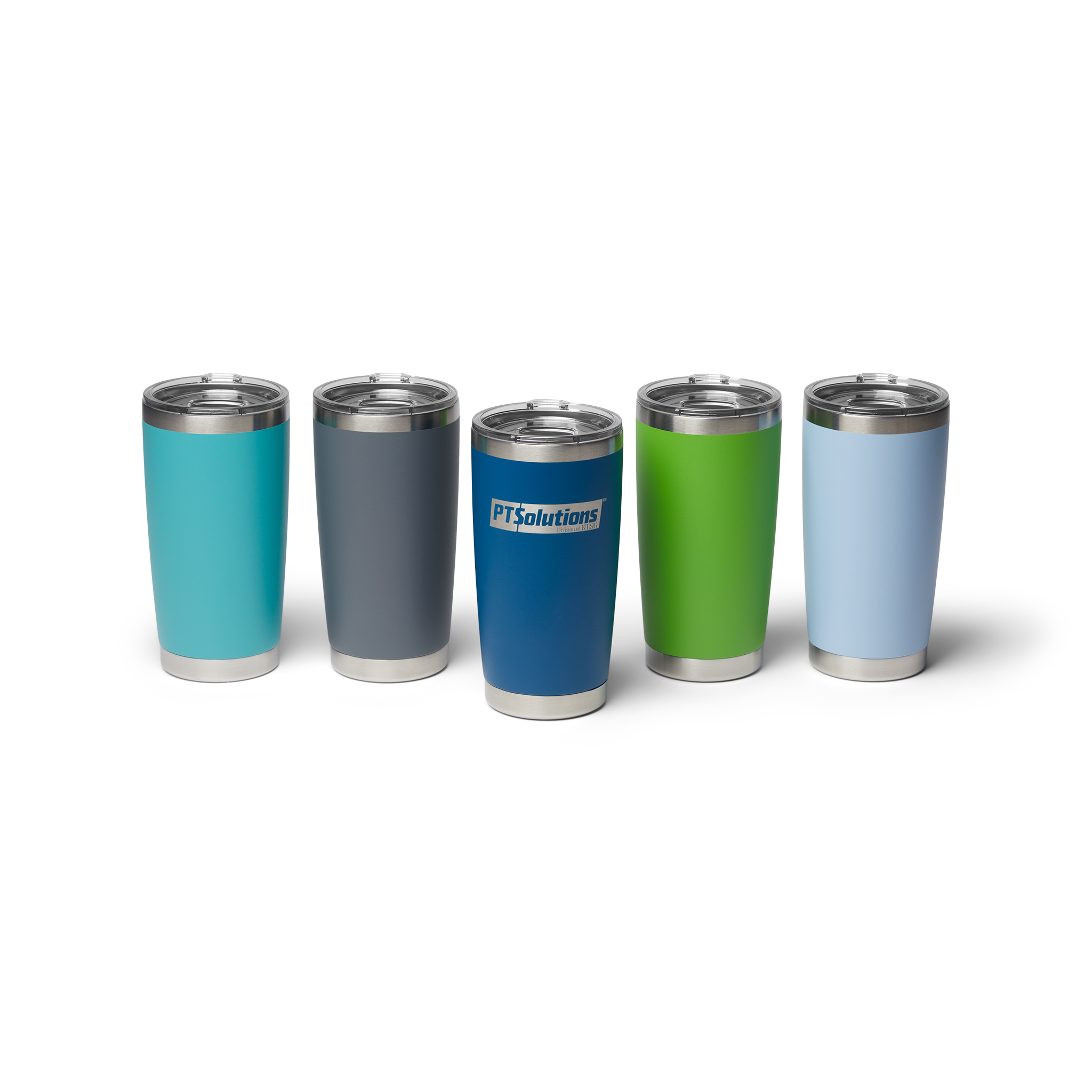 A collection of blue grey green navy and light blue tumblers double wall vacuum sealed with lids and magnetic slide closers.