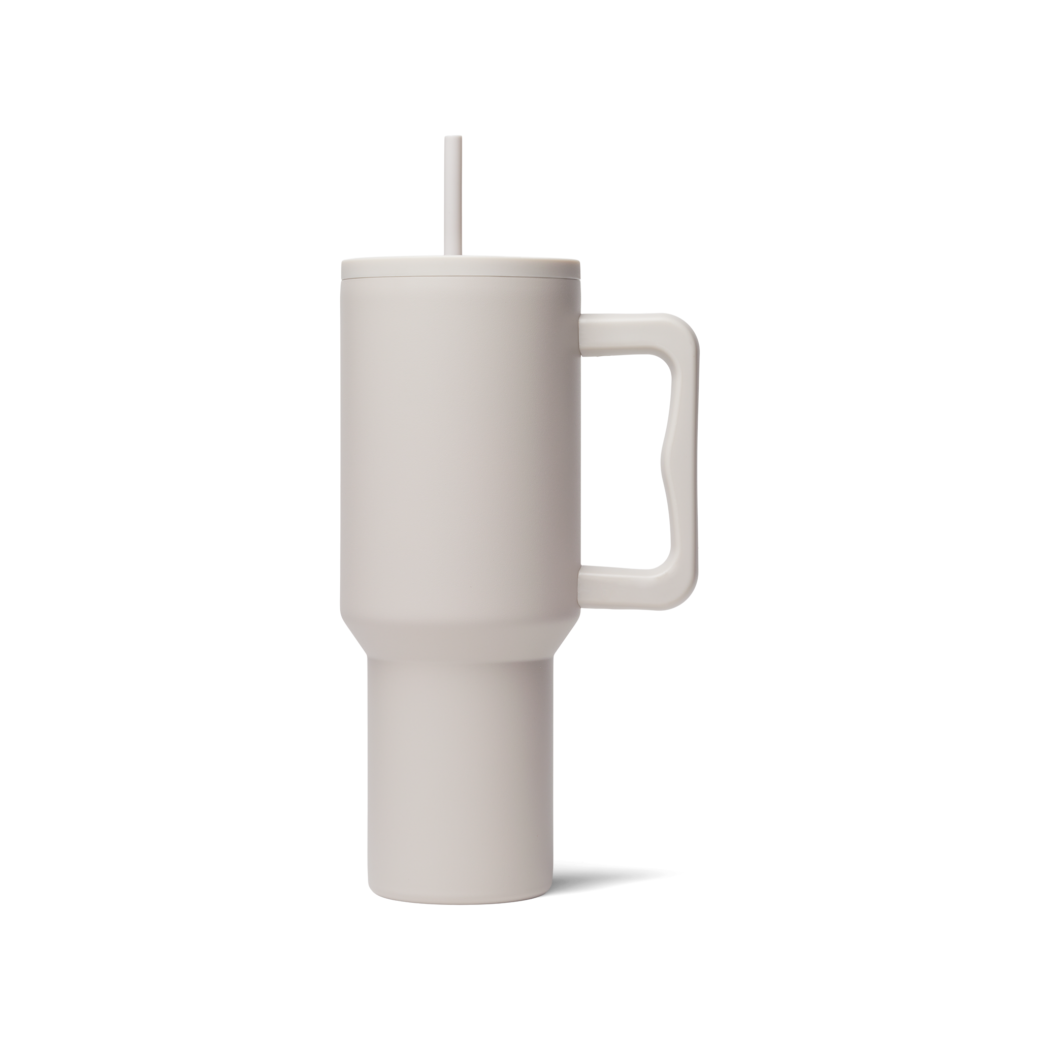 A cream color Mega Tumbler 40 oz with a new lid and a straw.