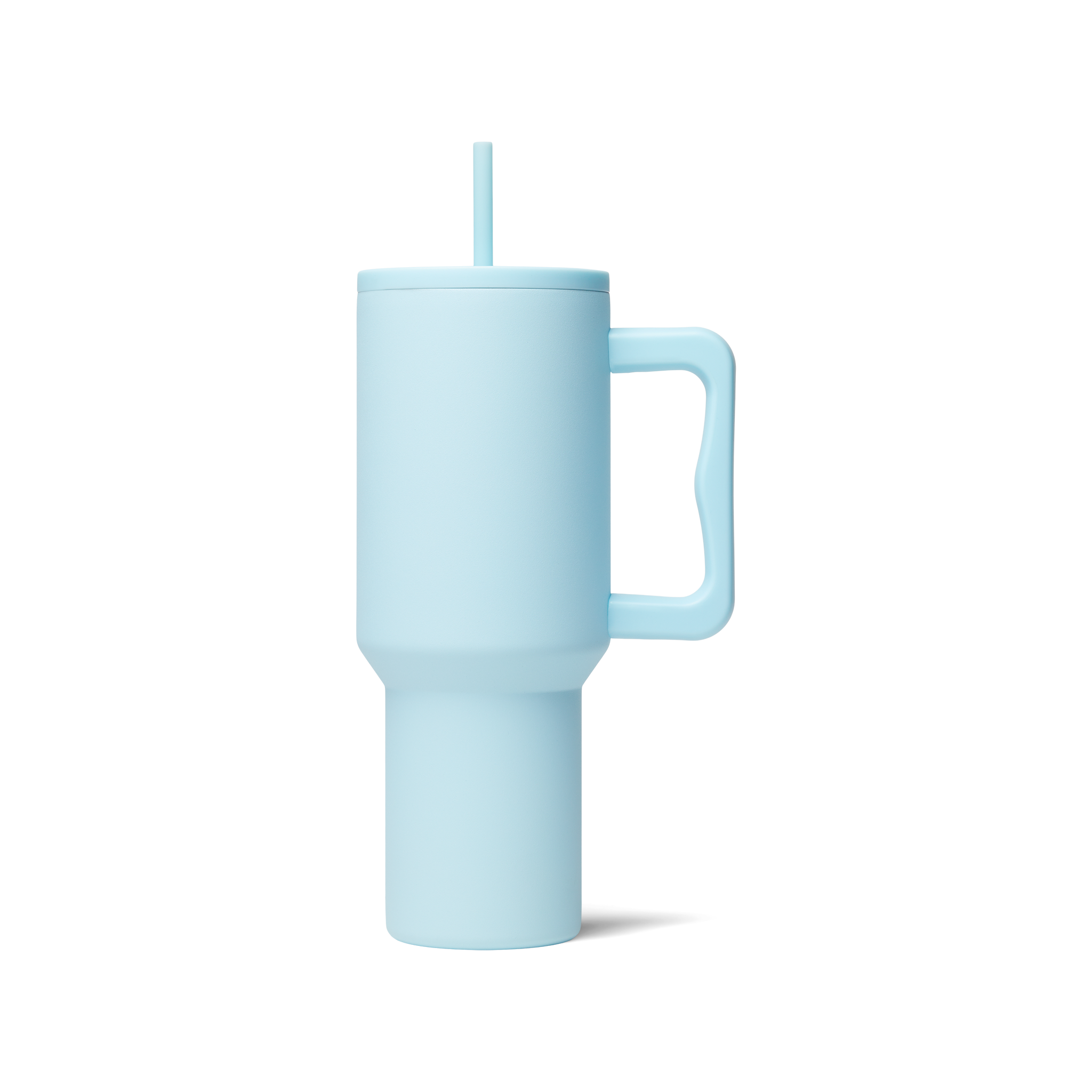 A light blue Mega Tumbler 40 oz with a new lid and a straw.