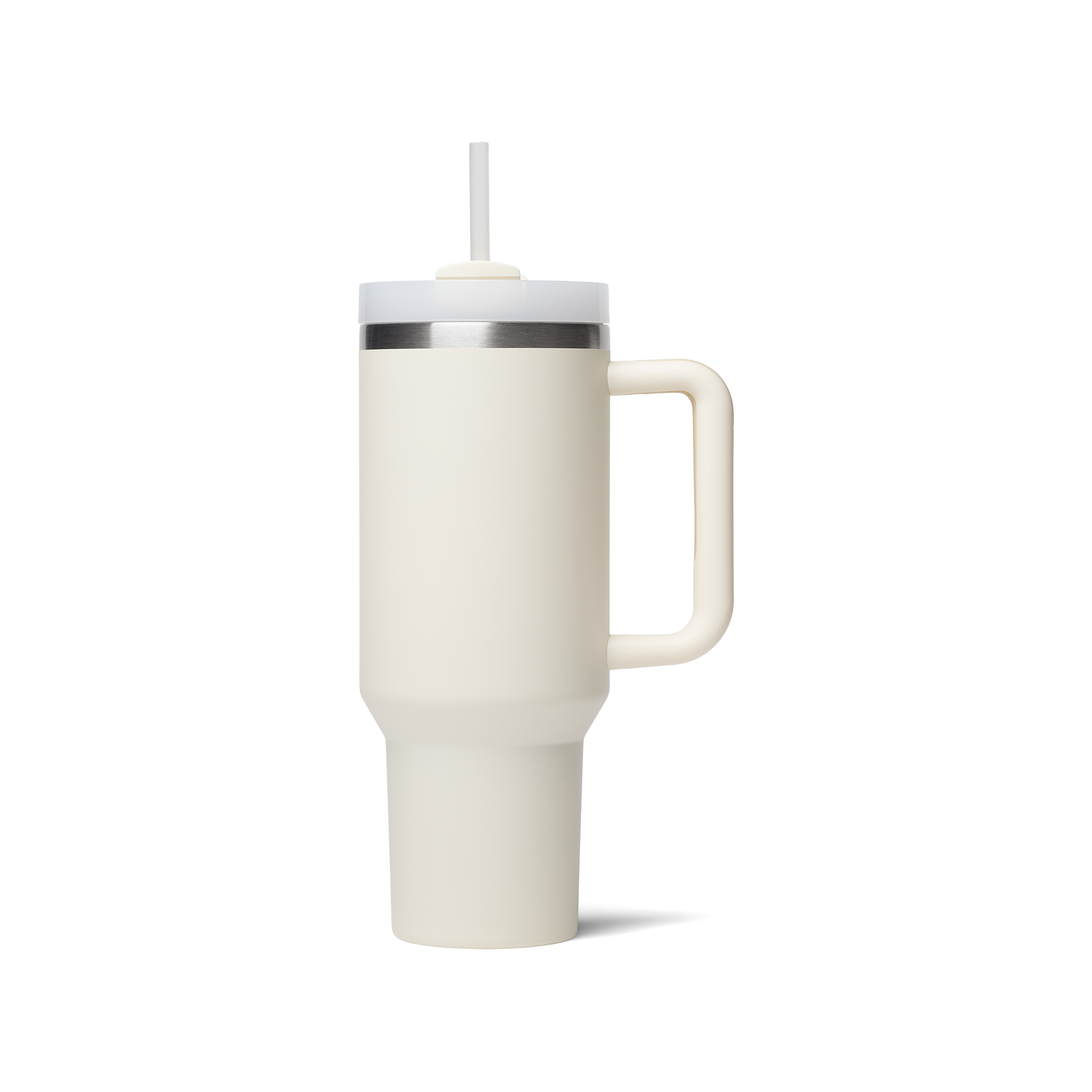 A cream color Mega Tumbler 40 oz with a lid and a straw.