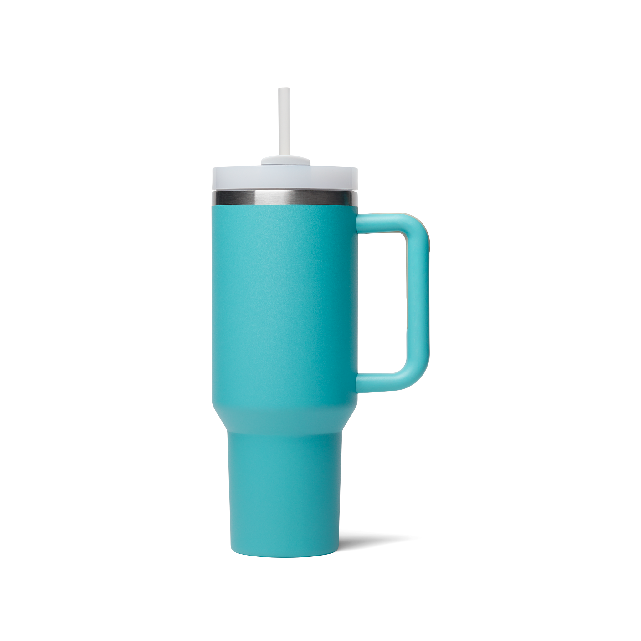 A blue-green Mega Tumbler 40 oz with a new lid and a straw.