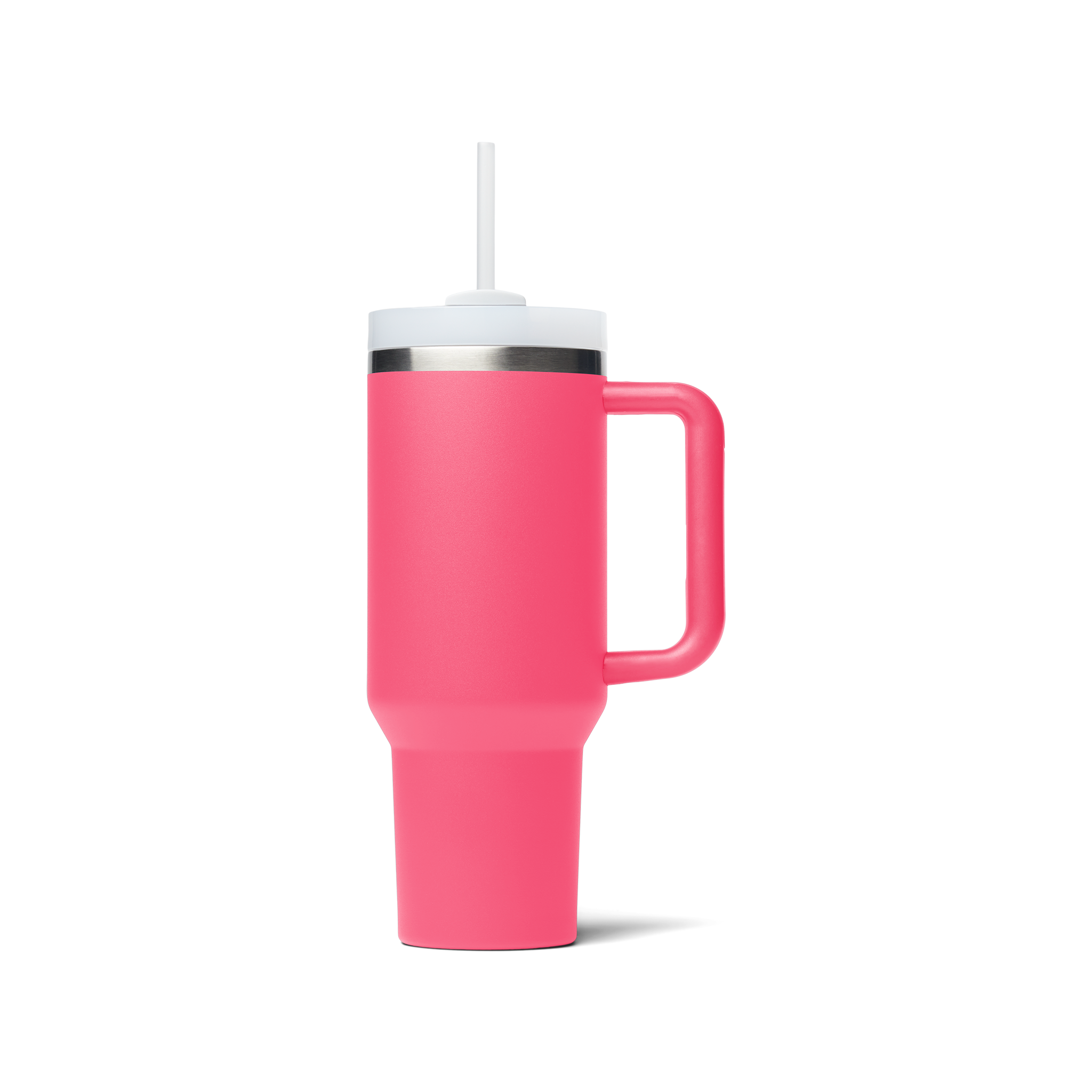 A pink Mega Tumbler 40 oz with a lid and a straw.
