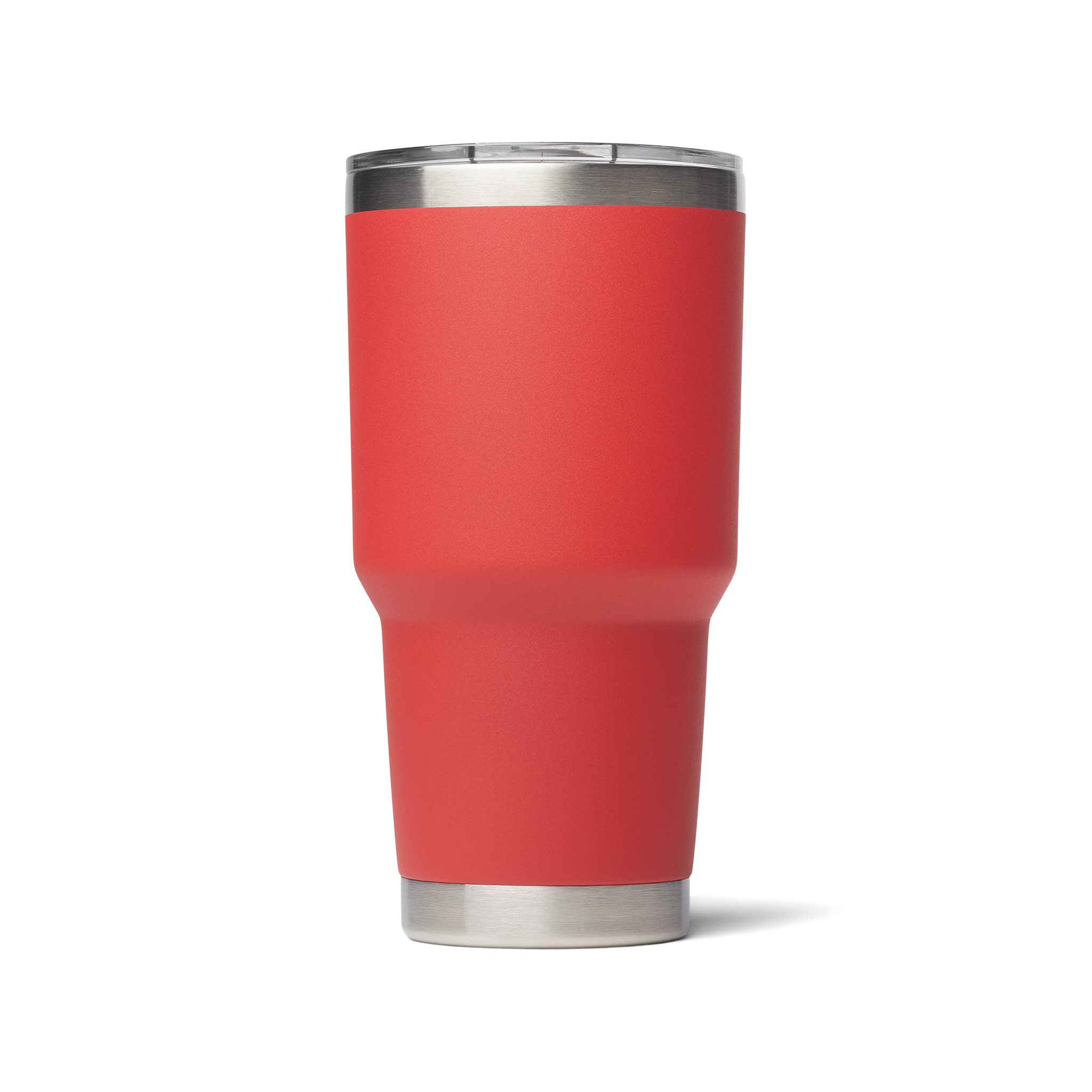 A red 30 oz tumbler with magnetic slider lid. Stainless steel.