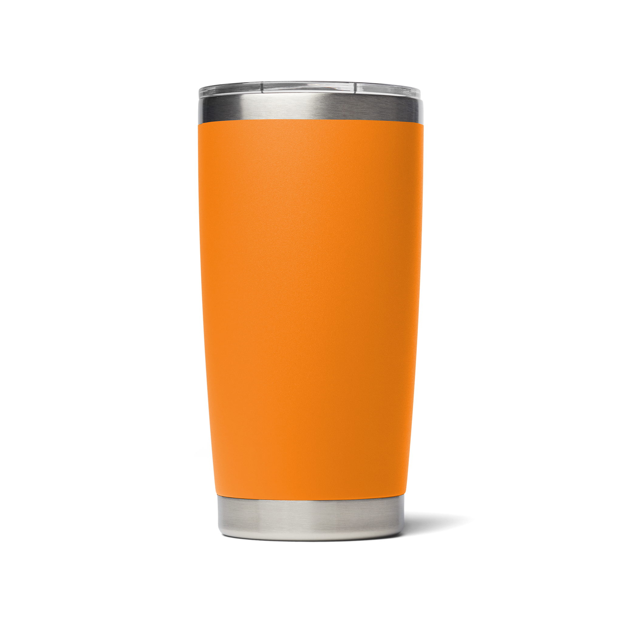 An orange 20 oz tumbler with magnetic slider lid. Stainless steel.